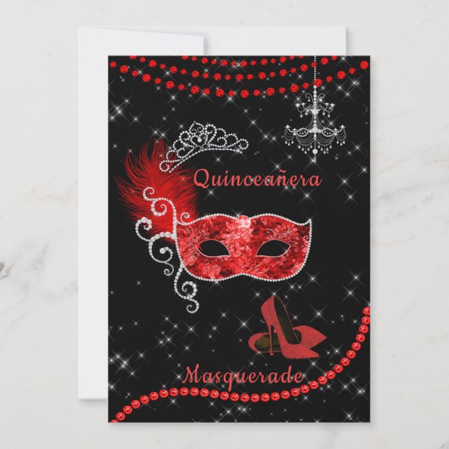 Invitation Fancy Quinceanera Masquerade rouge et argent (Devant)