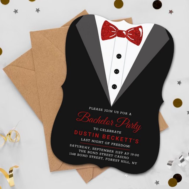 Invitation Fancy Red Glitter Tuxedo Enterrement de Vie de Gar (Créateur téléchargé)