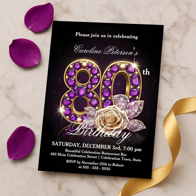 Invitation Fancy Regal Rose Amethyst Gold 80th Birthday (Créateur téléchargé)