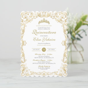 Invitation Fancy Regal White Gold Elegant Quinceanera