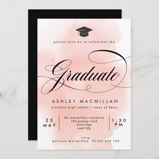 Invitation Fancy Rose Aquarelle Laver Parti de Graduation (Devant / Derrière)