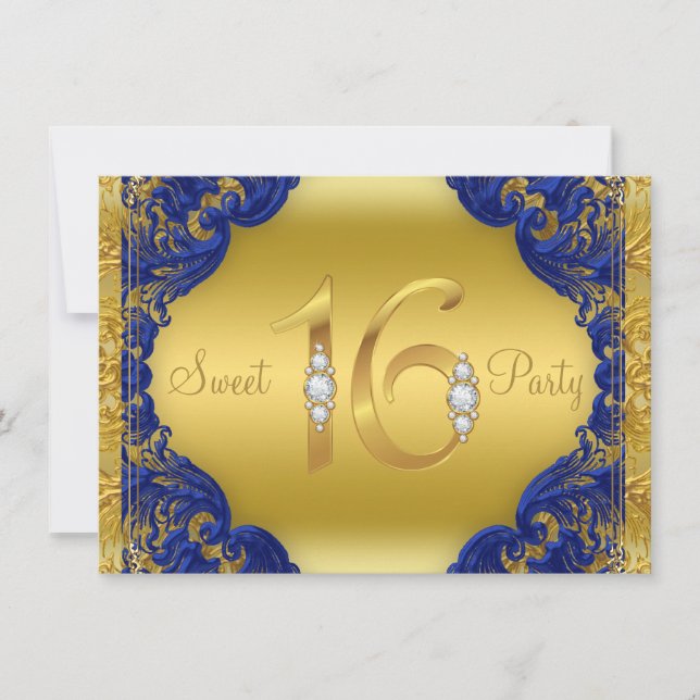 Invitation Fancy Royal Blue Gold Sweet 16 fête d'anniversaire (Devant)