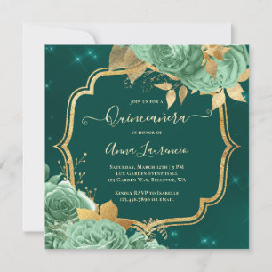 Invitation Fancy Sage Green Emerald Gold Floral Quinceanera