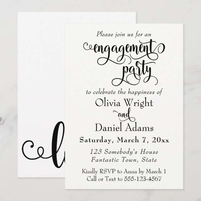 Invitation Fancy Script Lettres Black White Engagement Party (Devant / Derrière)