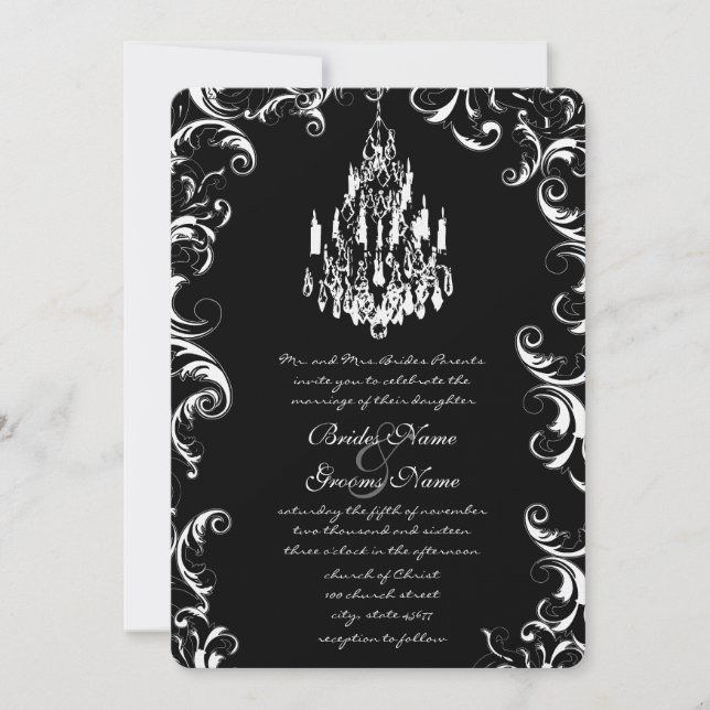 Invitation Fancy Swirl Tear Drop Chandelier Mariag (Devant)