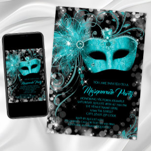 Invitation Fancy Teal Blue Glitter Masquerade Party