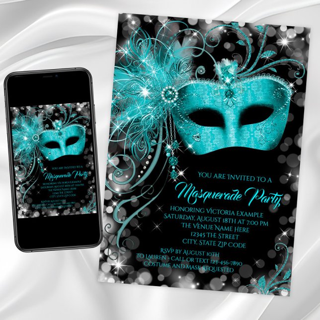Invitation Fancy Teal Blue Glitter Masquerade Party  (Teal masquerade party invitations with jewel mask. Any number birthday masquerade or event.)