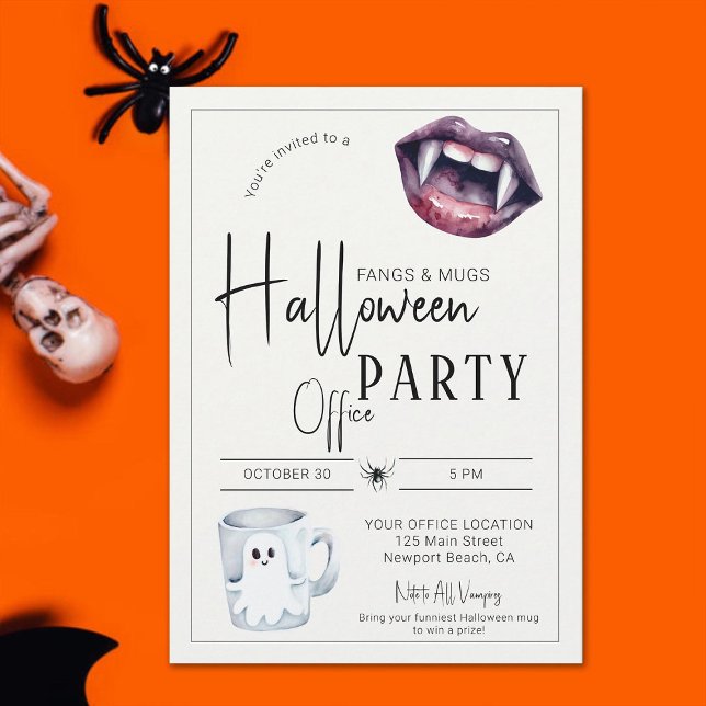 Invitation Fangs et Mugs Halloween Office Party Fun Team (halloween office party invitation fangs and mugs funny fun simple corporate business classy modern)