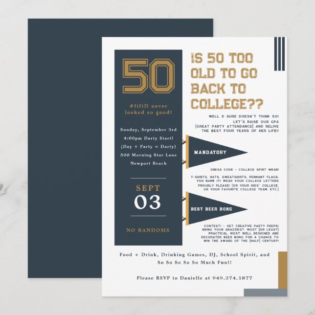 Invitation Fanions de collège | Bleu et Or 50e anniversaire (Devant / Derrière)