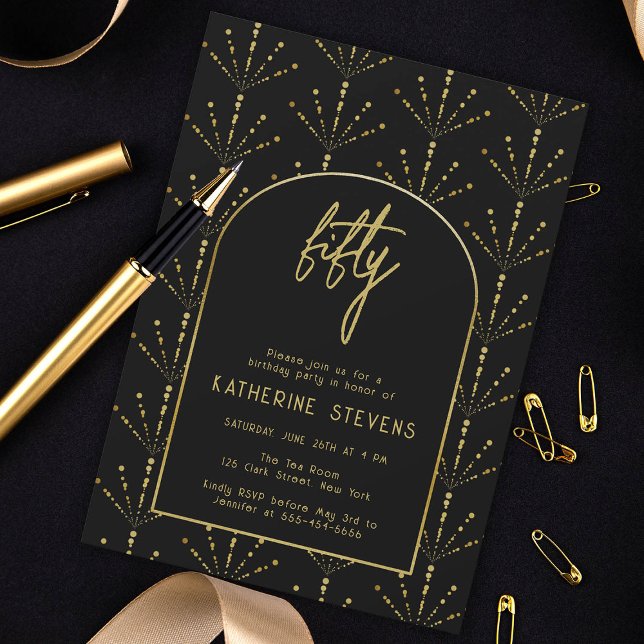 Invitation Fans déco Fireworks Gold Boho Frame 50e anniversai (art deco gatsby 50th birthday invitation women black gold fan flowers fireworks geometric elegant)
