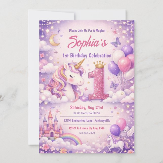 Invitation Fantacy Magical Unicorn 1st Birthday (Devant)