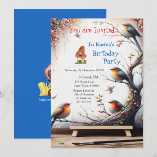 Invitation Fantaisie artistique, dessins d'oiseaux en couleur