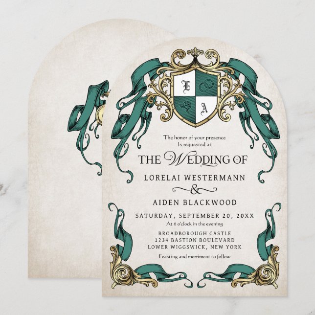 Invitation Fantaisie Bouclier Médiéval Émeraude Vert Mariage (Devant / Derrière)