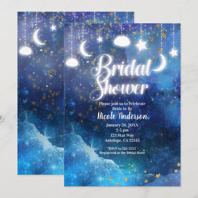 Invitation Fantaisie Céleste Étoiles Dorées et Mariage Féeriq (Devant / Derrière)