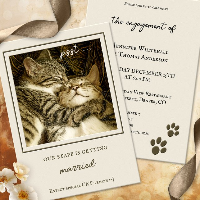 Invitation Fantaisie Chats Personnalisé Photo Party (A funny cat engagement party invitation in boho chic tan colors, with custom photo option)