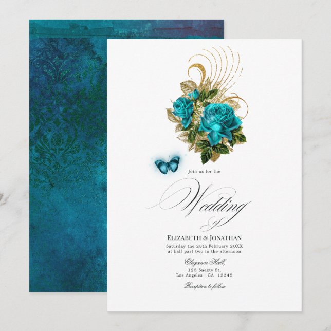 Invitation Fantaisie de forêt de minuit Turquoise et or Maria (Devant / Derrière)