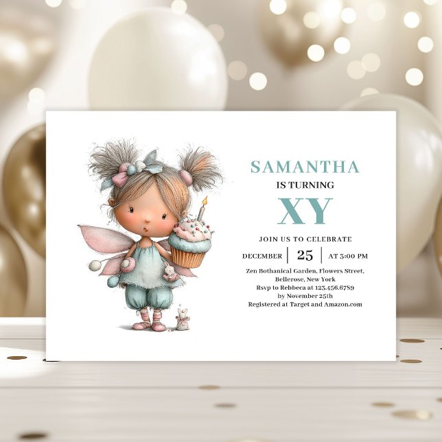 Invitation Fantaisie Magique pour les 5 ans de la  (Cute Fairy Girl 5th Birthday Whimsy Magical invitation)