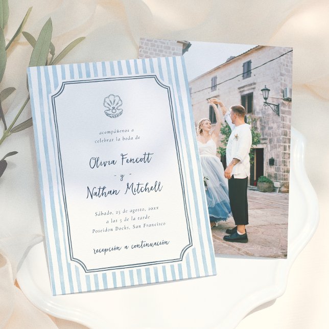 Invitation Fantaisie Mariage Espagnol Rayures Bleues Rétro (Créateur téléchargé)