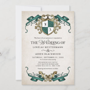 Invitation Fantaisie Médiévale Bouclier Vert Émeraude Mariage
