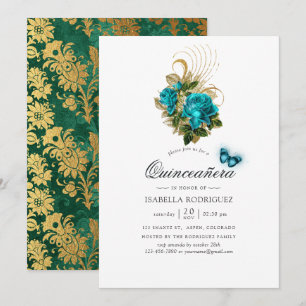 Invitation Fantaisie Quinceañera turquoise et or