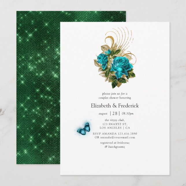 Invitation Fantaisie Turquoise et Or Fête de Mariage (Devant / Derrière)