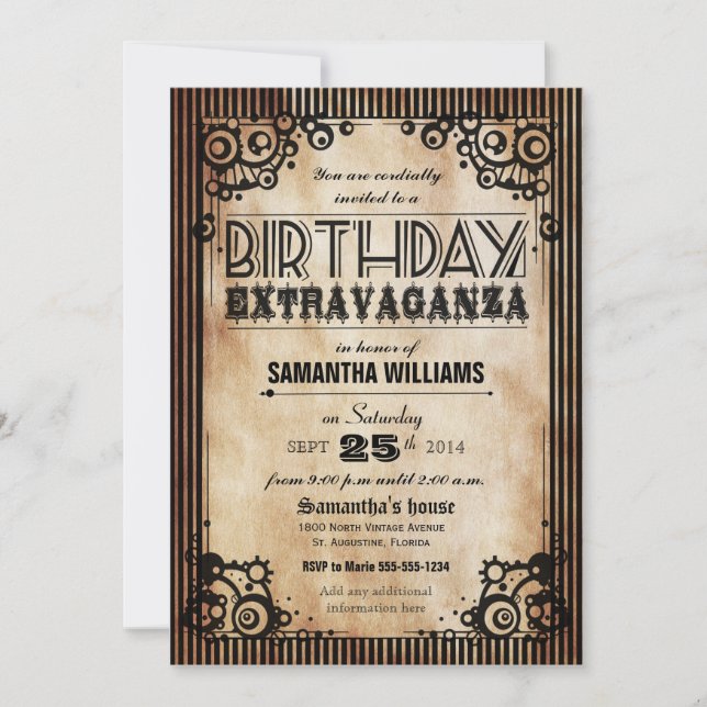 Invitation Fantaisie vintage d'anniversaire de regard de (Devant)