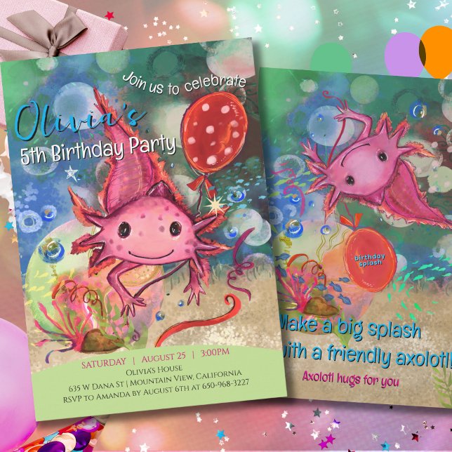 Invitation fantaisiste à l'aquarelle Axolotl rose  (Whimsical Watercolor Pink Axolotl Cute Kids Invitation)