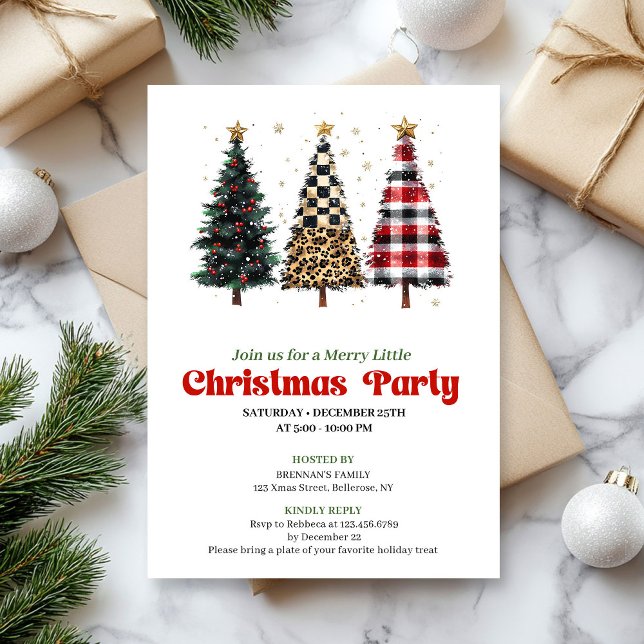 Invitation fantaisiste léopard et arbre de Noël or (Whimsical leopard and gold Christmas tree invitation)