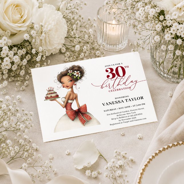 Invitation fantaisiste pour les 30 ans en rouge pr (Deep Red 30th Birthday Quirky Woman Whimsical Party Card

)