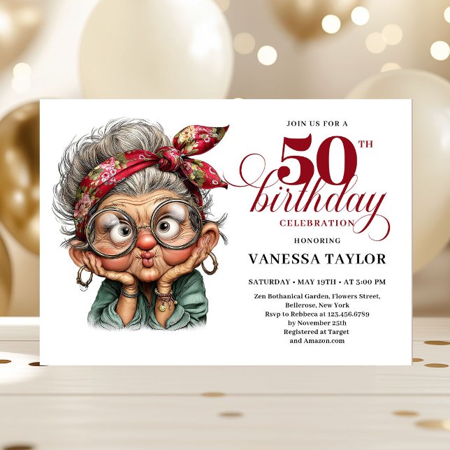 Invitation fantaisiste pour les 50 ans d'une femme (Fun bold 50th birthday woman whimsical invitation)