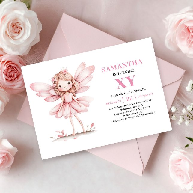 Invitation fantaisiste pour les 8 ans de la mignon (Cute Pink Fairy Girl 8th Birthday Whimsy invitation)