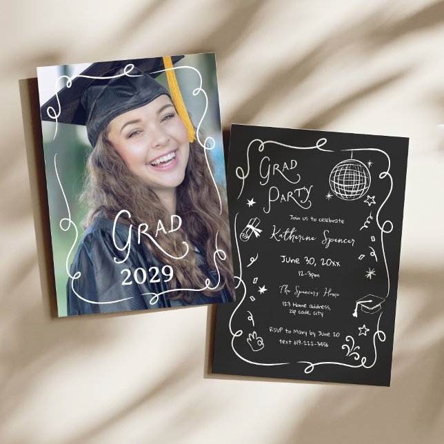 Invitation Fantaisiste pour les Photos de la Fête  (Grad Party Photo Doodle Whimsical Invitation)