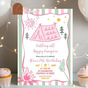 Invitation \ Fantaisiste Sauge Rose Joyeux Campeurs Anniversa