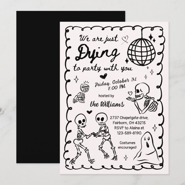 Invitation  Fantaisiste squelette dessiné à la main Halloween (Devant / Derrière)