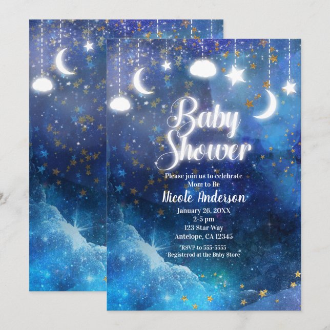 Invitation Fantasie Céleste Étoiles Dorées et Baby Shower Lum (Devant / Derrière)