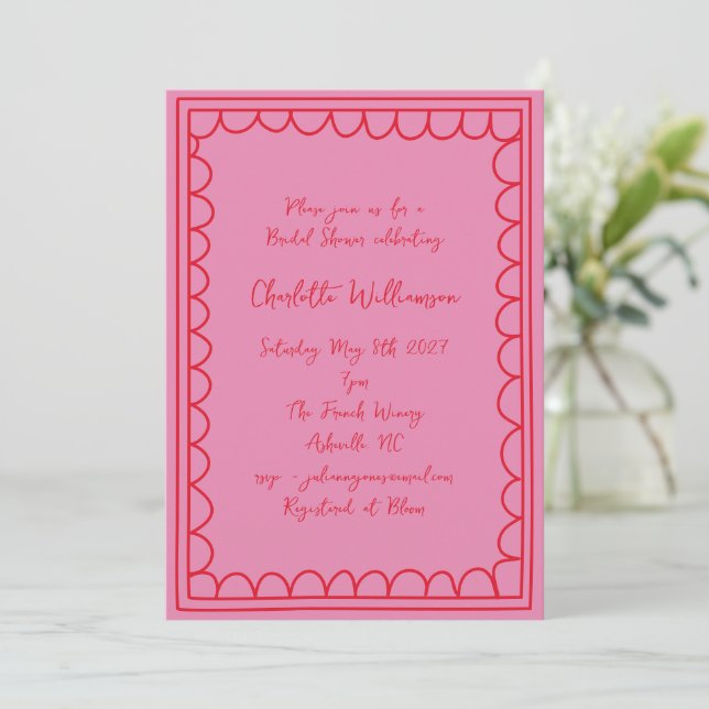 Invitation Fantasie Script Rose Rouge Bordure Gribouillis Ent (Debout devant)