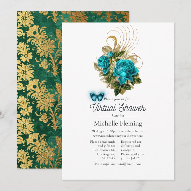 Invitation Fantasie Turquoise et Or Virtuelle Douche (Devant / Derrière)