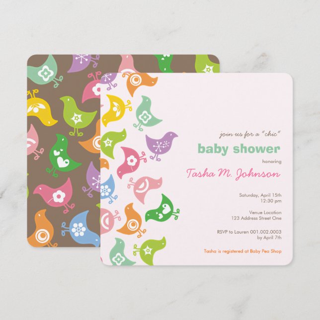 Invitation Fantasque Baby Shower Rétro Arc-en-Ciel Poussins M (Devant / Derrière)