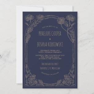 Invitation Fantastique Floral Bleu Nuit Or Mariage Enchanté