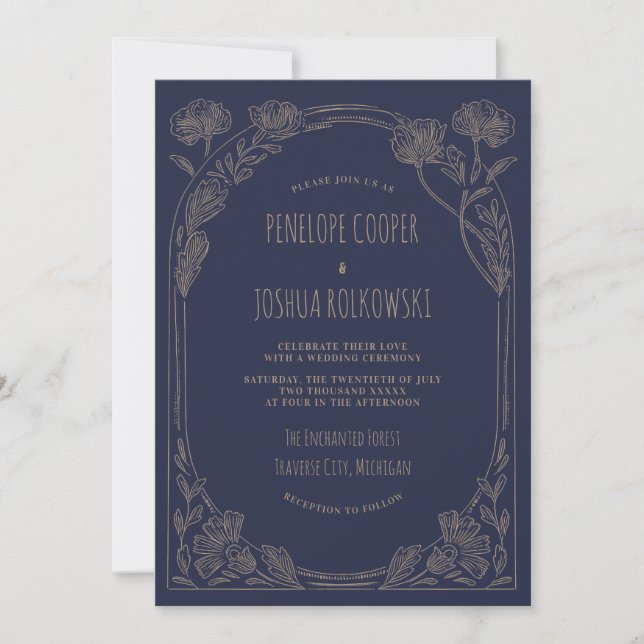 Invitation Fantasy Floral Navy Blue Gold Enchanted Wedding (Devant)