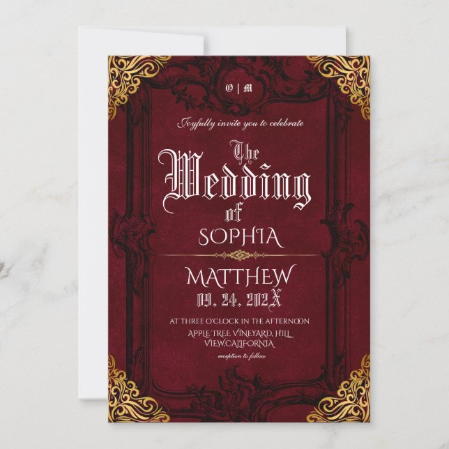 Invitation Fantasy Medieval Royal Burgundy Gold Wedding (Devant)
