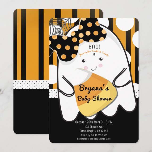 Invitation Fantôme de fille mignonne Halloween bébé fête prén (Devant / Derrière)
