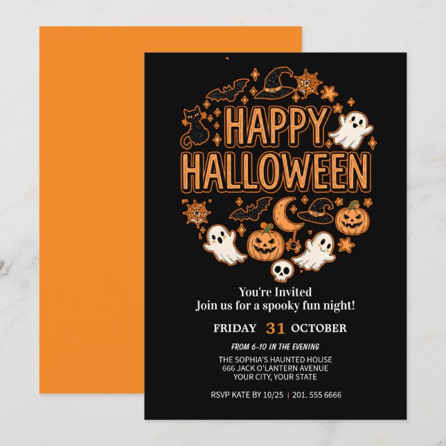 Invitation Fantôme mignon et fête d'Halloween Citrouille (Devant / Derrière)