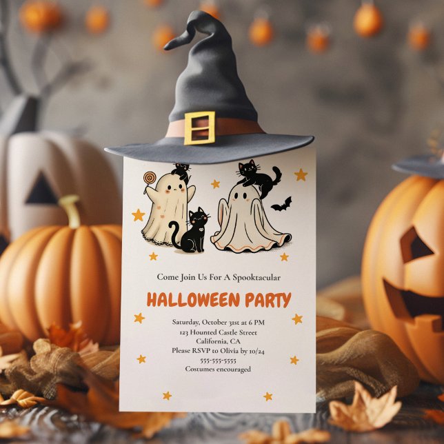 Invitation Fantôme mignon et fête d'Halloween de chat noir (Cute Ghost and Black Cat Halloween Party Invitation with funny halloween decoration and a witch hat)