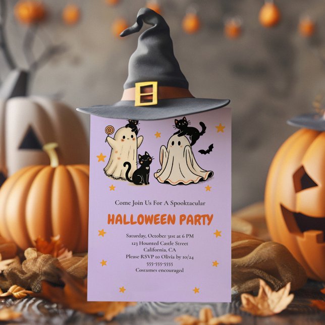 Invitation Fantôme mignon et fête d'Halloween de chat noir (Cute Ghost and Black Cat Halloween Party Invitation with funny halloween decoration and a witch hat)