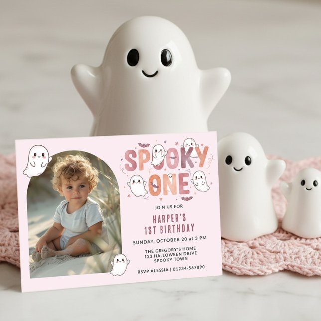 Invitation Fantôme Rose Fête de Premier Anniversaire Spooky O (Photo Girls 1st Birthday Party Invitation with Spooky One theme by Darling & May)