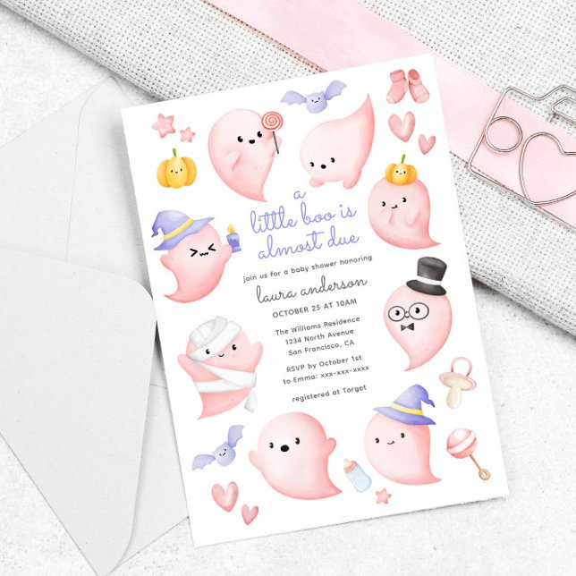 Invitation Fantôme Rose Un Petit Boo Est Presque Dû Baby show (cute pink ghosts - a little boo is almost due baby shower invitation)