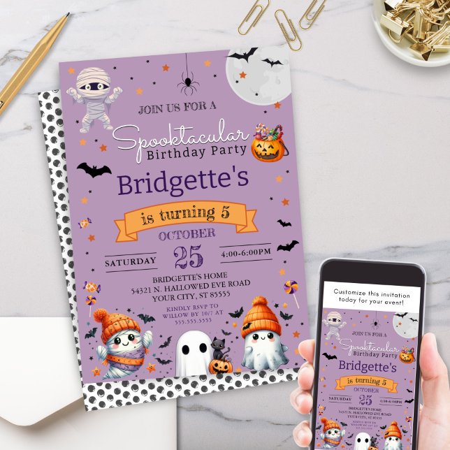Invitation Fantôme Spooktaculaire Purple Halloween fête d'ann (Cute purple spooktacular birthday party halloween kids party invitation for class or costume party)
