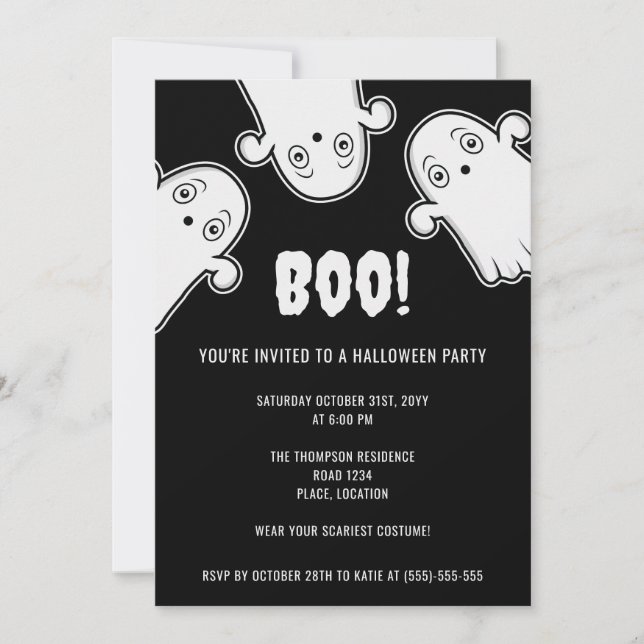 Invitation Fantômes Bouh Party Halloween Noir et Blanc (Devant)