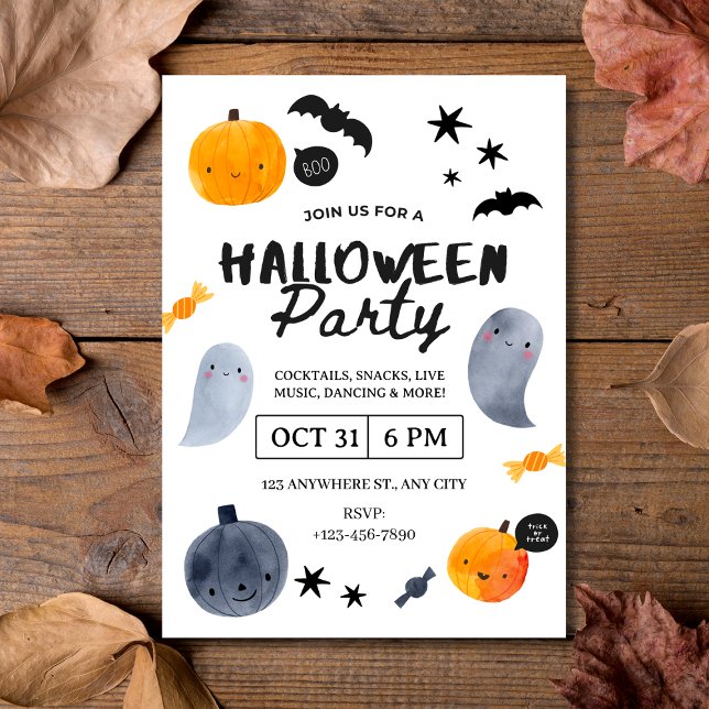 Invitation Fantômes d'aquarelle et fête d'Halloween Citrouill (Watercolor Ghosts & Pumpkins Halloween Party Invitation
)